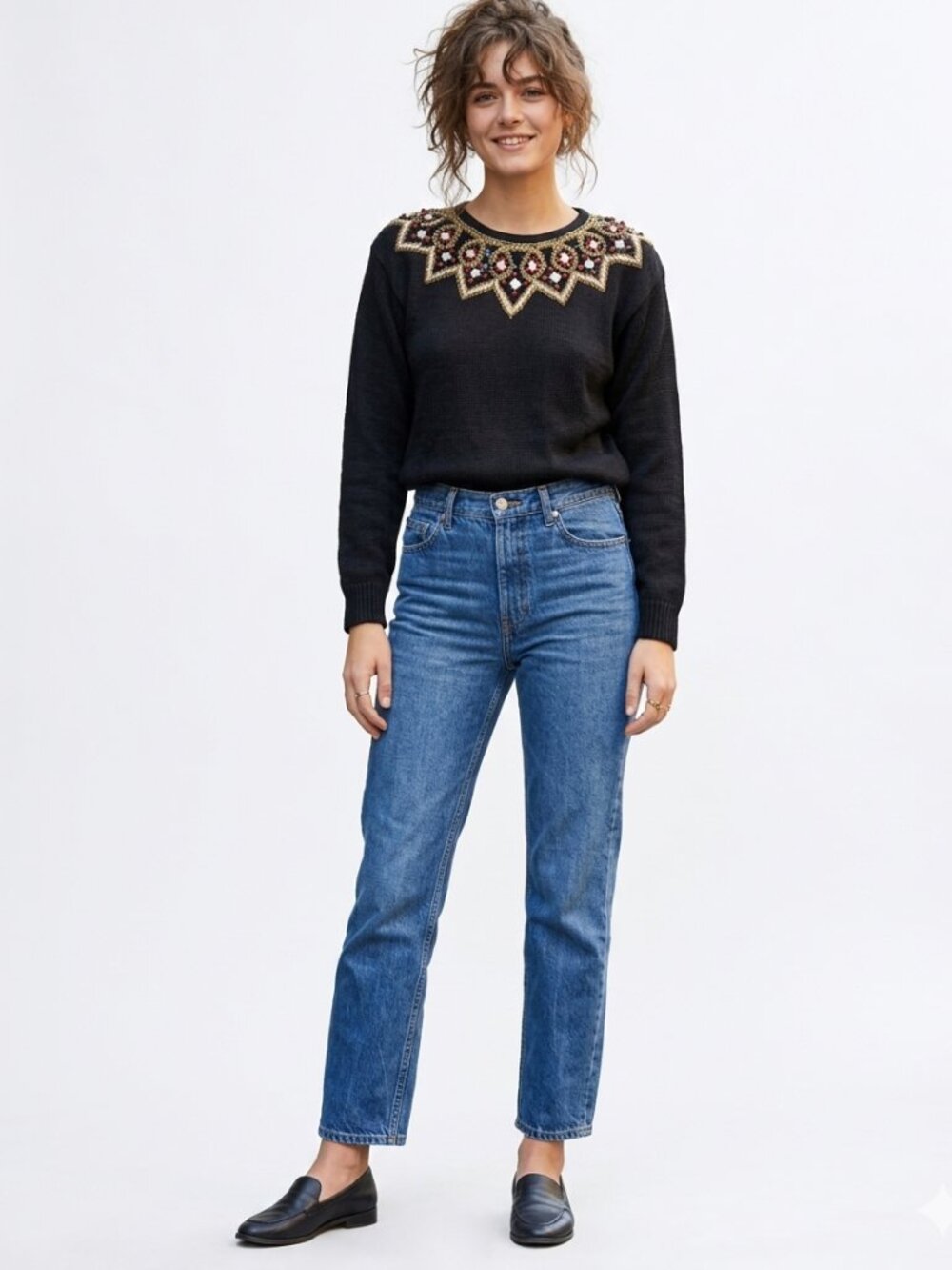 VTG Lindsey Blake Embellished Sweater M Black Beaded Crystals Ramie